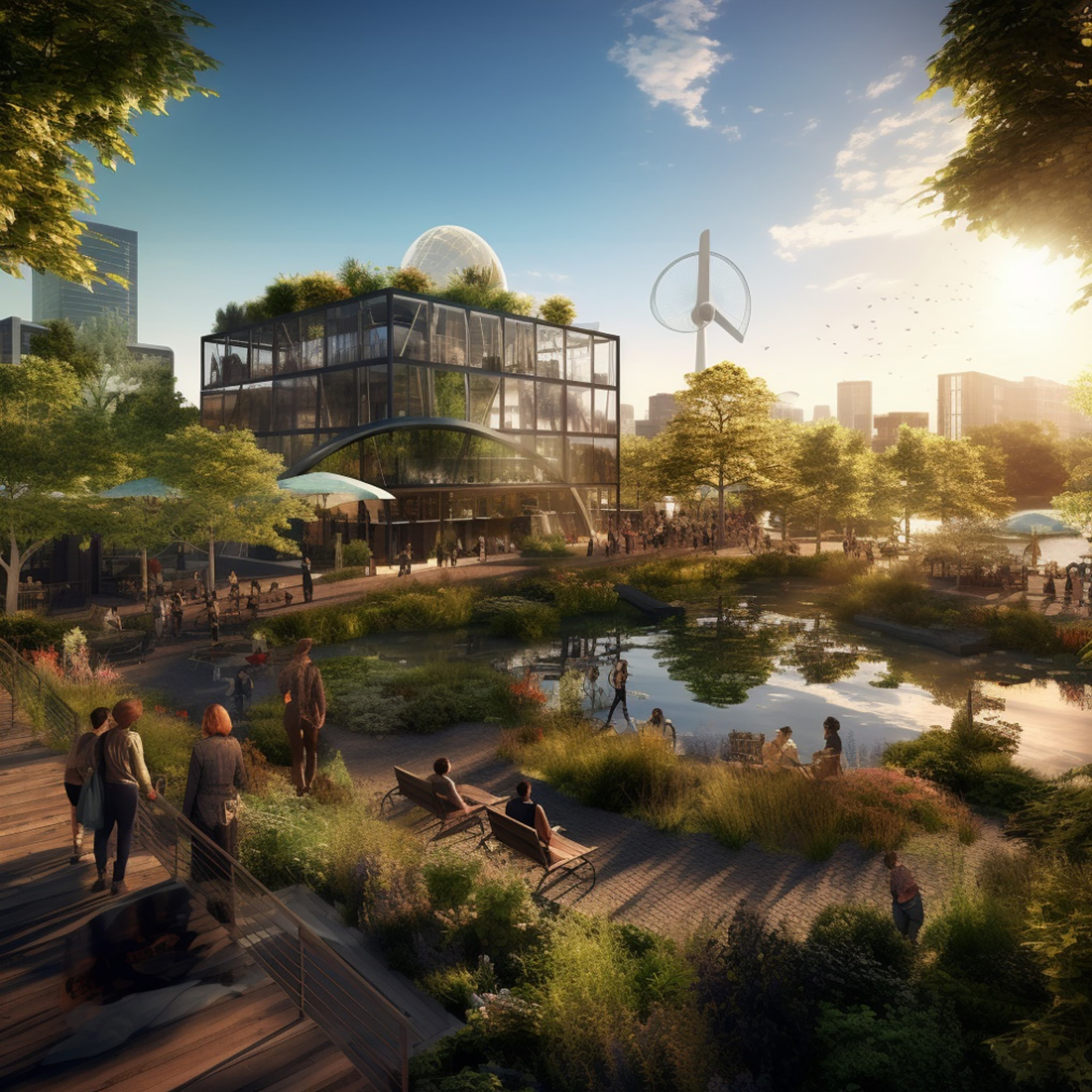 Rendering of a city park with a pond, a glass building with a planted roof, and people on benches