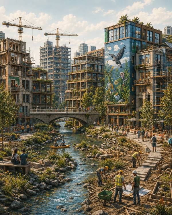 Restorative stage — daylighted river, rebuilt habitat, planted terraces