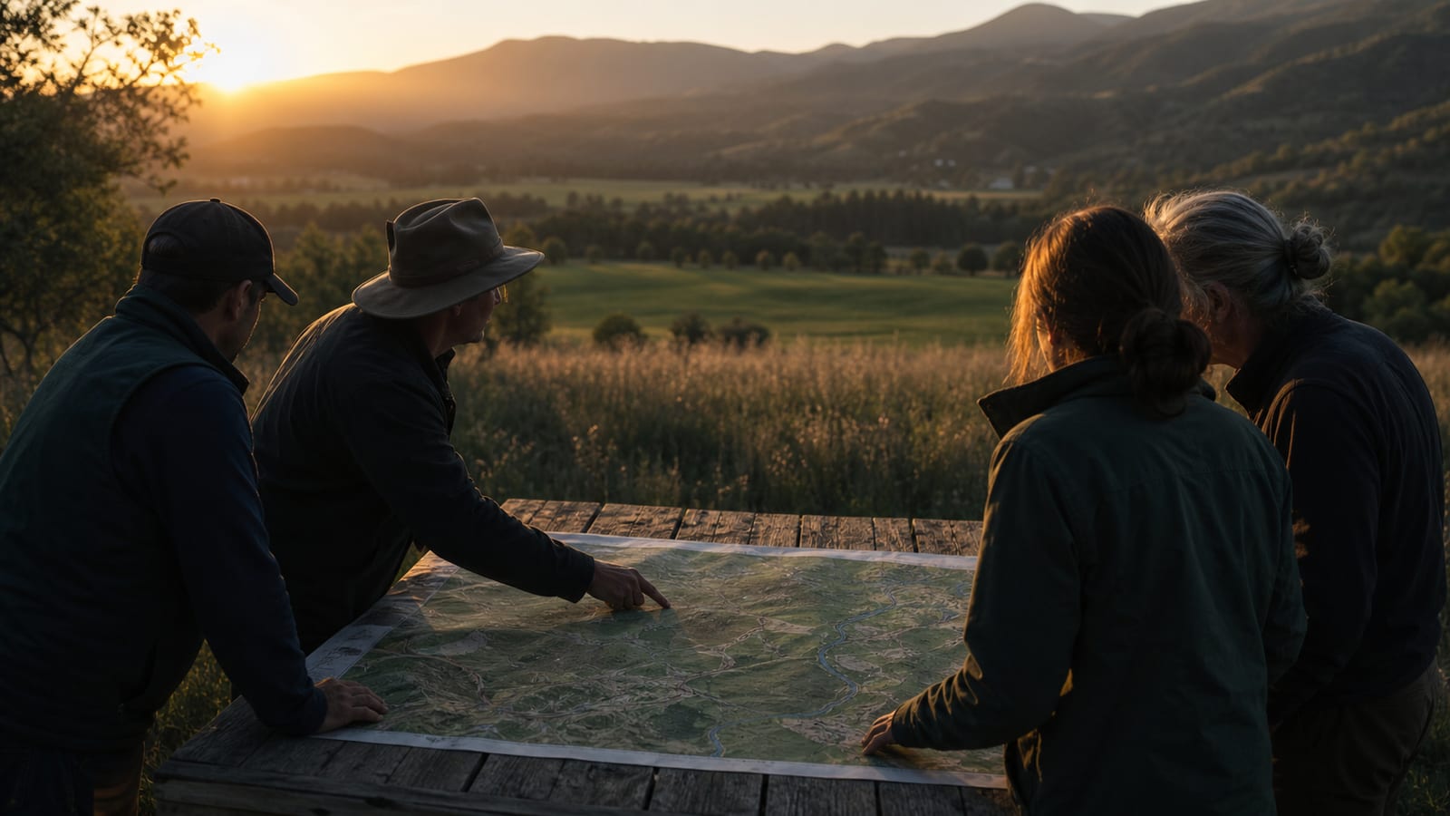 A team reviews a land-use map on site at sunset